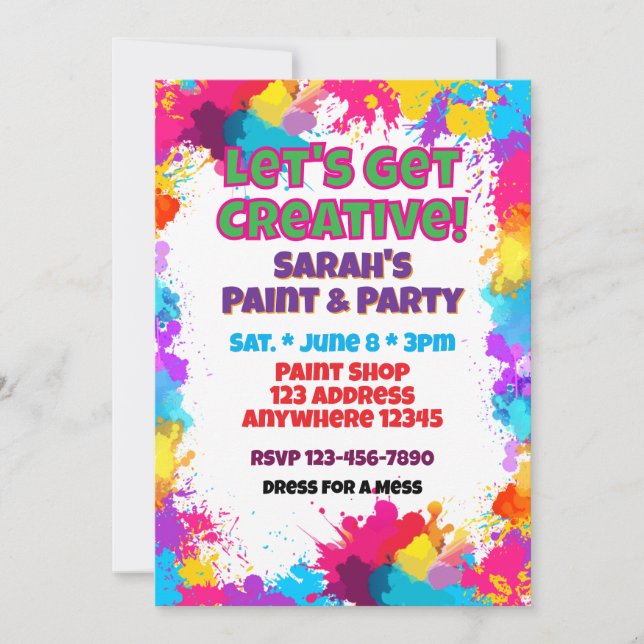 Let's Get Creative Colourful Paint Birthday Invitation (Front)