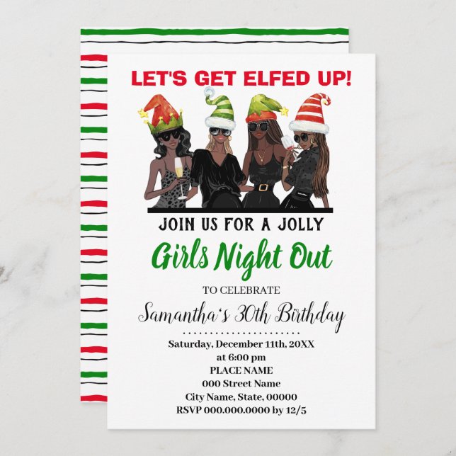 Lets Get Elfed Up Girls night out Birthday Xmas Invitation (Front/Back)