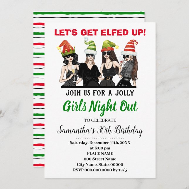Lets Get Elfed Up Girls night out Birthday Xmas Invitation (Front/Back)