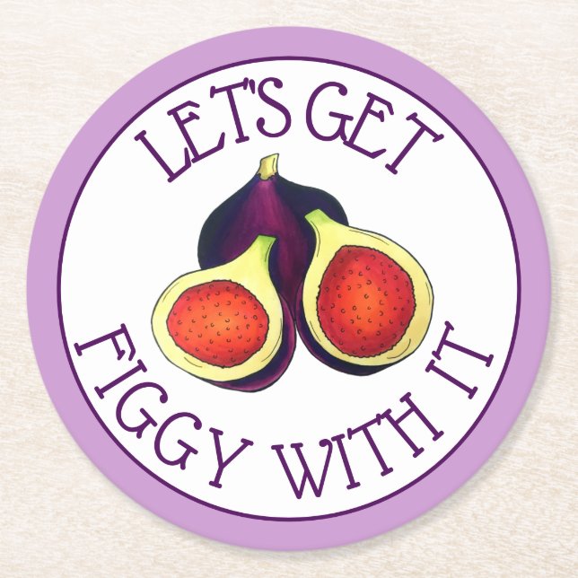 Let's Get Figgy With It Funny Figs Vegetarian Round Paper Coaster (Front)