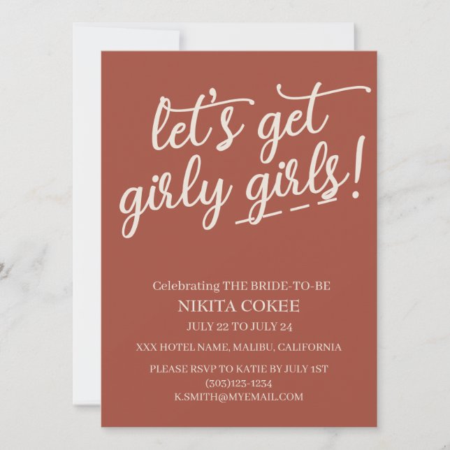 Let's Get Girly Terracotta Bachelorette Weekend Invitation (Front)