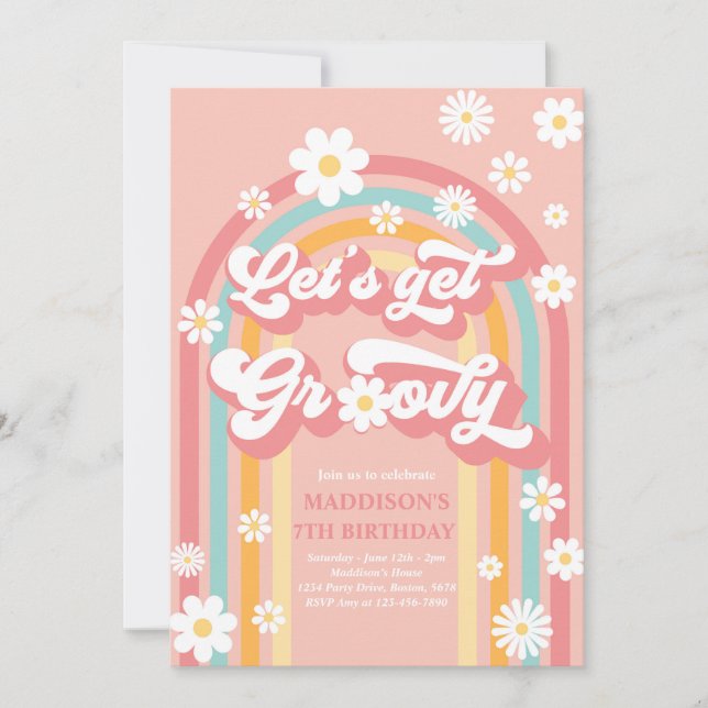  Let's Get Groovy Boho Daisy Rainbow Birthday Invitation (Front)