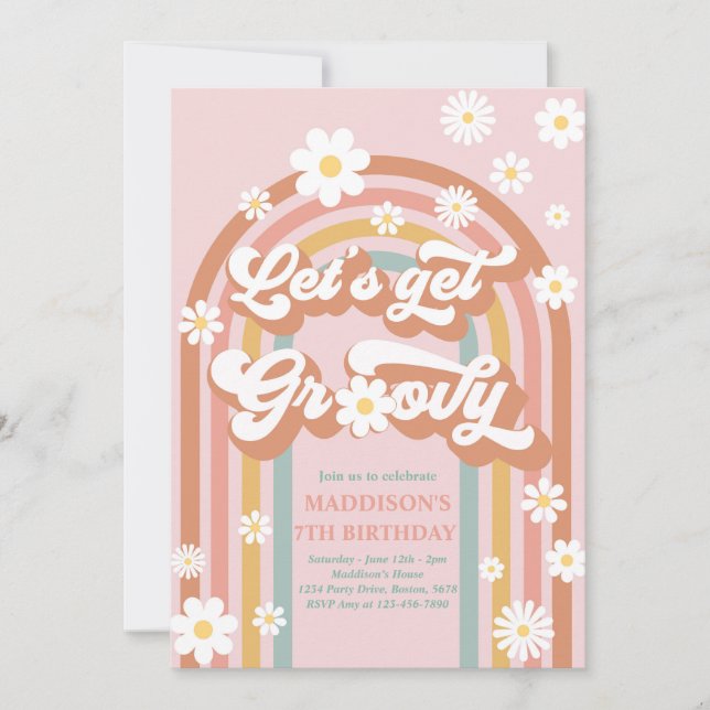  Let's Get Groovy Boho Daisy Rainbow Birthday Invitation (Front)