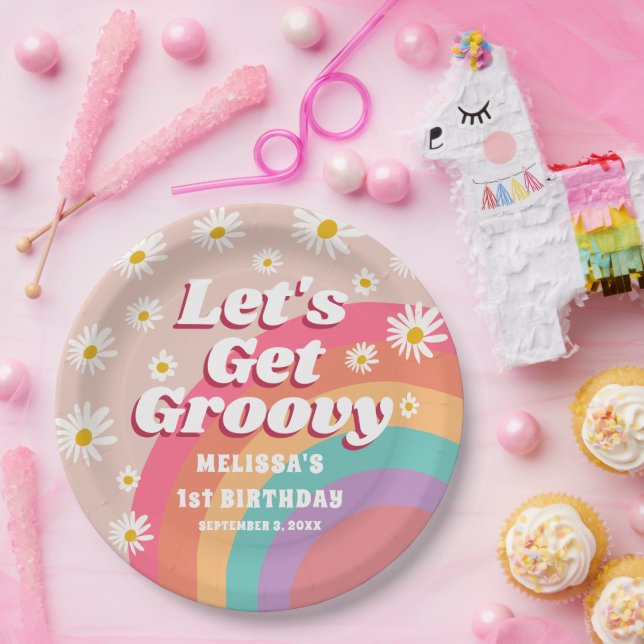 Let's Get Groovy Colourful Rainbow & Daisy Birthda Paper Plate (Party)