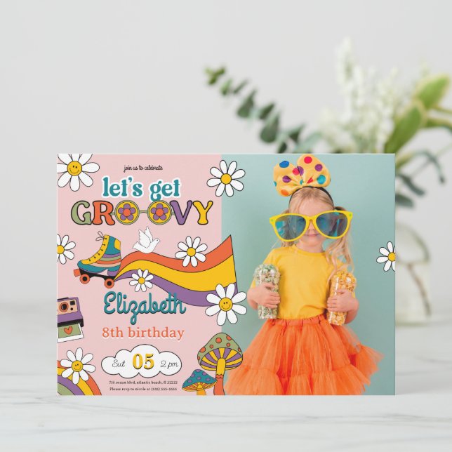 Let's Get Groovy Flower Birthday Photo Invitation (Standing Front)