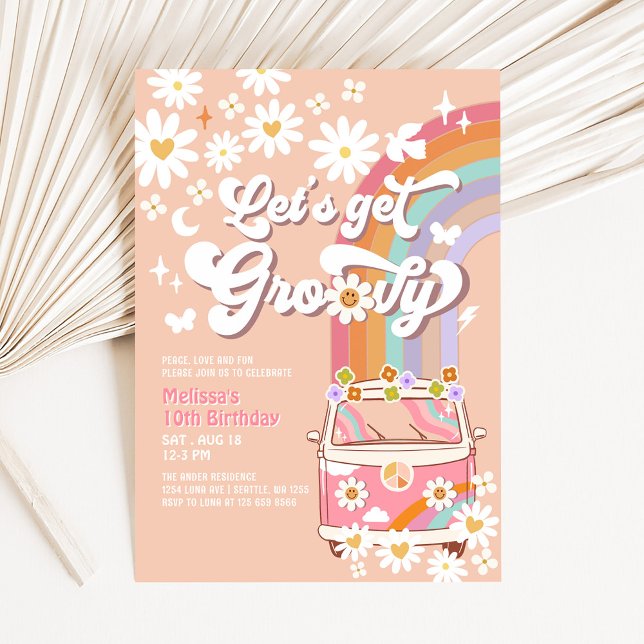 Let's Get Groovy Pink Groovy Van Daisy Birthday Invitation (Creator Uploaded)