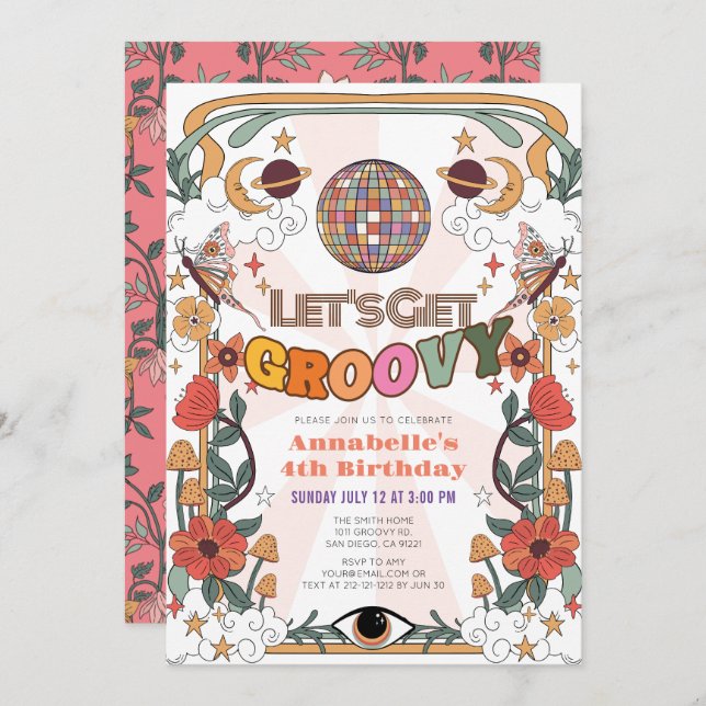 Let's Get Groovy Psychedelic Retro Girl Birthday Invitation (Front/Back)