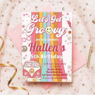 Let's Get Groovy Retro Boho Daisy Rainbow Birthday Invitation