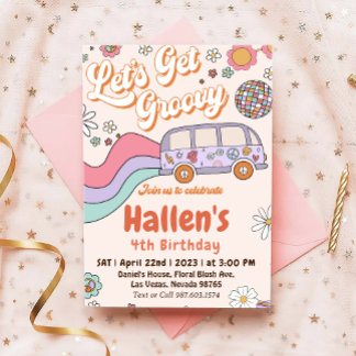Let's Get Groovy Retro Boho Daisy Rainbow Birthday Invitation