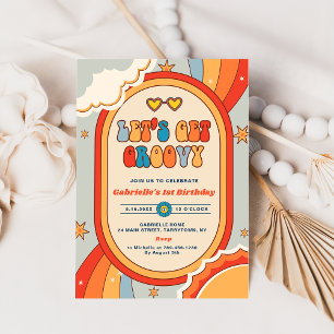 Let's Get Groovy Retro Rainbow 1st Birthday Party Invitation