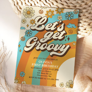 Let's Get Groovy Retro Rainbow 1st Birthday Party Invitation