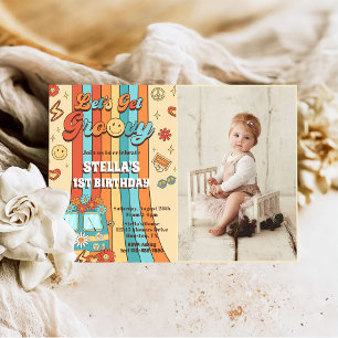 Let's Get Groovy Retro Rainbow 1st Birthday Photo Invitation