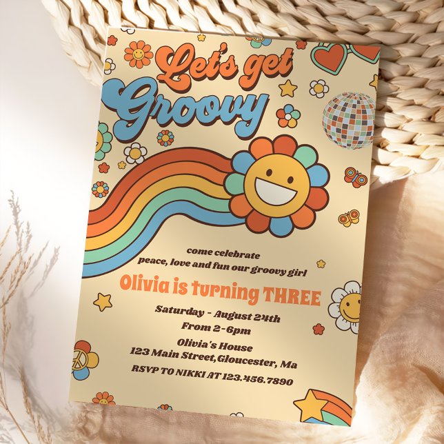 Let's Get Groovy Retro Rainbow 3rd Birthday Party Invitation (Creator Uploaded)