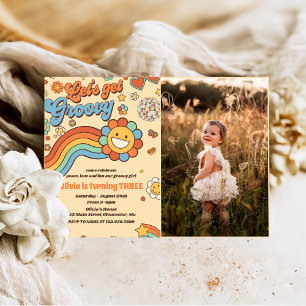 Let's Get Groovy Retro Rainbow 3rd Birthday Photo Invitation