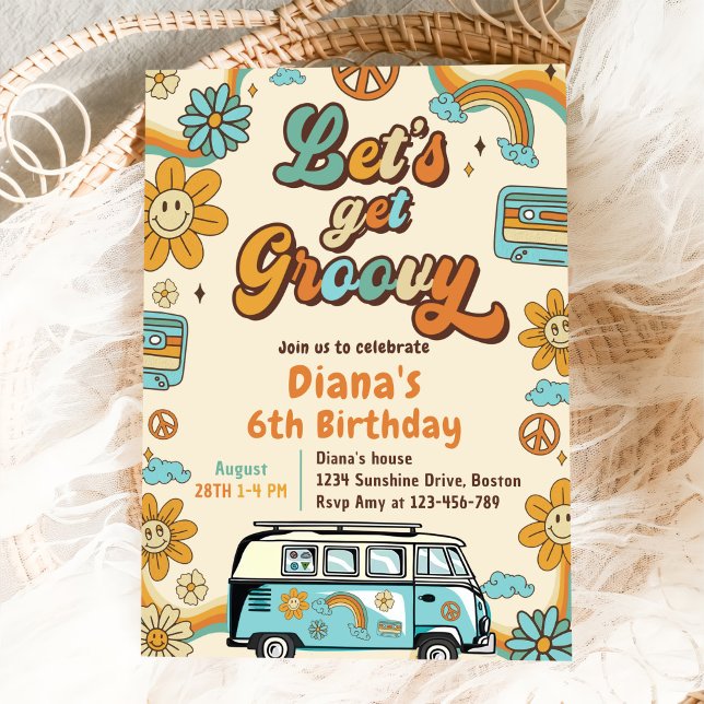 Let's Get Groovy Retro Rainbow 6th Birthday Invitation (Creator Uploaded)