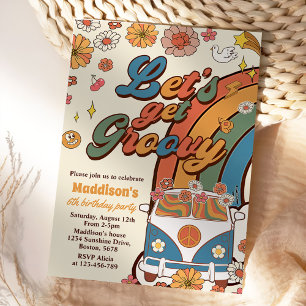Let's Get Groovy Retro Rainbow 6th Birthday Invitation