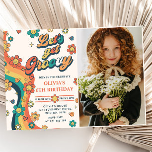 Let's Get Groovy Retro Rainbow 6th Birthday Photo Invitation