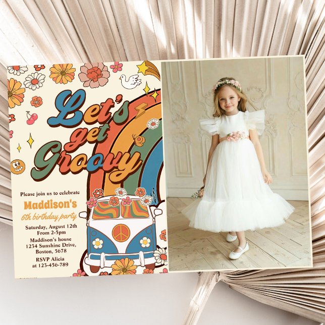 Let's Get Groovy Retro Rainbow 6th Birthday Photo Invitation (Creator Uploaded)