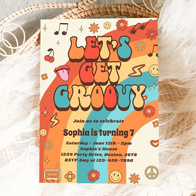 Let's Get Groovy Retro Rainbow 7th Birthday Invitation (Creator Uploaded)
