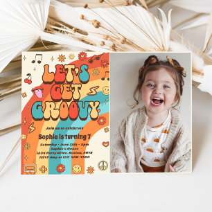 Let's Get Groovy Retro Rainbow 7th Birthday Photo Invitation