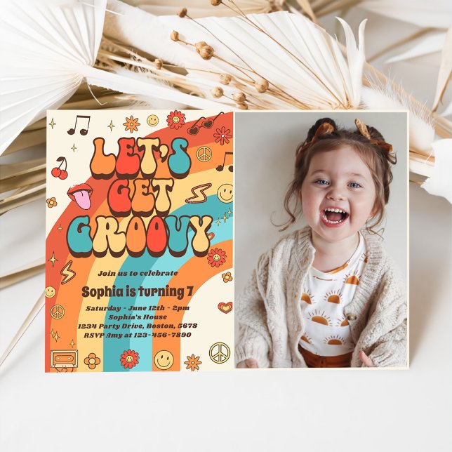 Let's Get Groovy Retro Rainbow 7th Birthday Photo Invitation (Creator Uploaded)