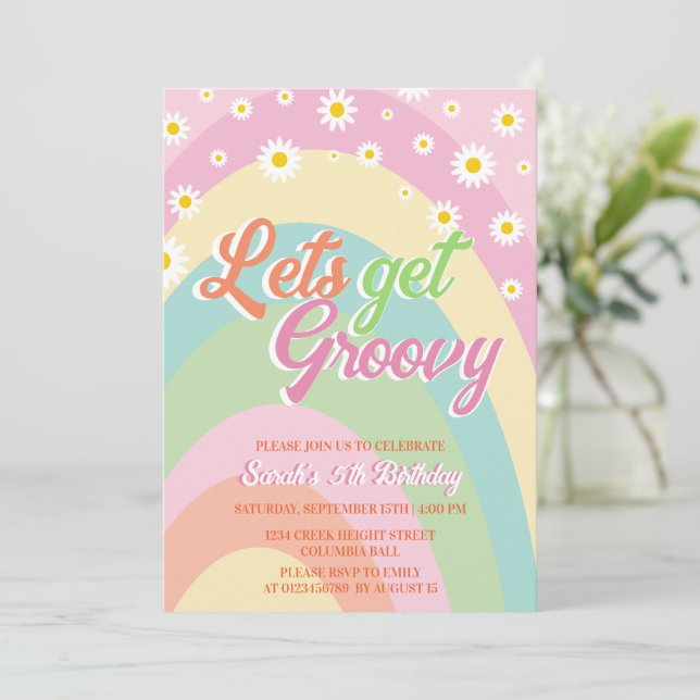 Let's Get Groovy Retro Rainbow Floral 5th Birthday Invitation (Standing Front)