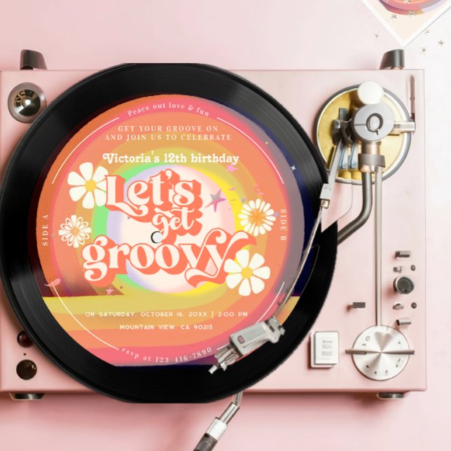 Let's get groovy Retro Vinyl Rainbow Daisy Invitation (Creator Uploaded)