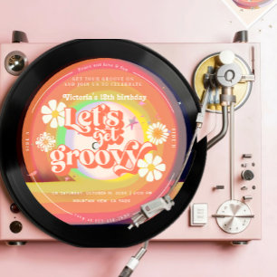 Let's get groovy Retro Vinyl Rainbow Daisy Invitation