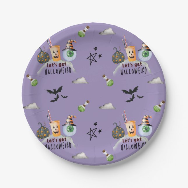 Let's Get Hallo weird Funky Halloween Purple Paper Plate (Front)