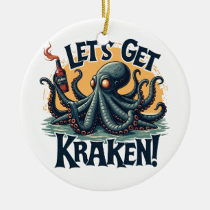 Let's Get Kraken Funny Rum Drinking Octopus Ceramic Tree Decoration
