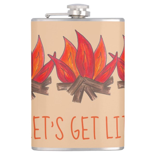 Let's Get Lit Campfire Fire Flames Funny Camping Hip Flask (Front)