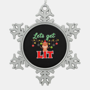 Let's Get Lit Christmas Reindeer Funny  Snowflake Pewter Christmas Ornament