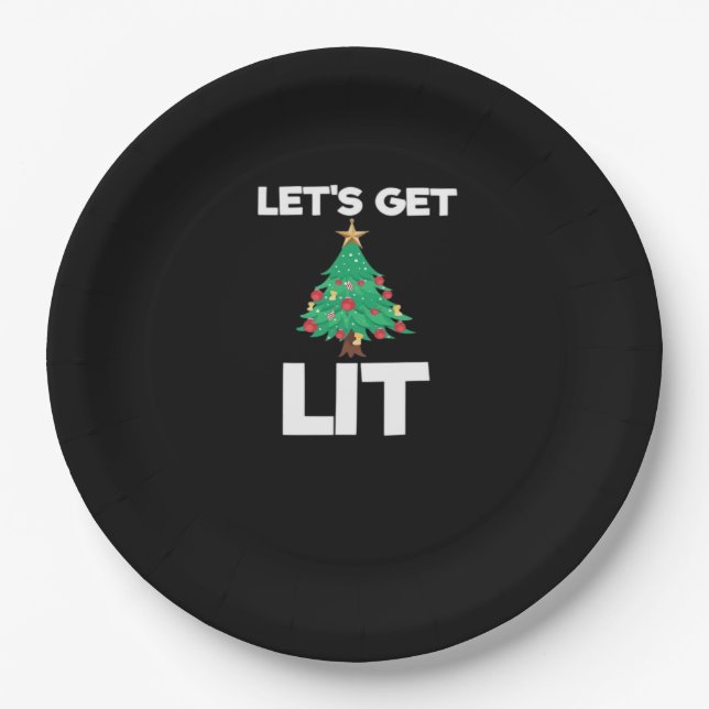 Let's Get Lit Christmas Tree Holiday Drinking Paper Plate (Front)