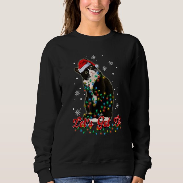 Let's Get Lit Cute Black Cat  Christmas Tree Light Sweatshirt (Front)