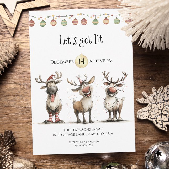 let's get lit cute reindeers holidays party  invitation (Creator Uploaded)