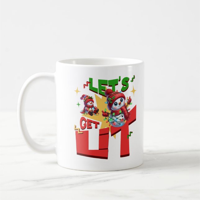 Let's Get Lit Cute Snowman Funny Christmas Vibes Coffee Mug (Left)