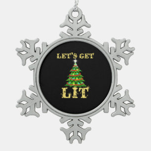 Let's Get Lit Drinking Funny Christmas Snowflake Pewter Christmas Ornament