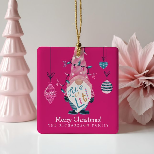Let's Get Lit Fun Bright Gnome Christmas Lights Ceramic Ornament (Let's Get Lit Fun Bright Gnome Christmas Lights Ceramic Ornament)