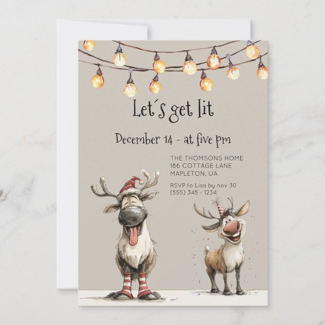 Let's Get Lit Fun Reindeer Holidays Party  Invitation (Front)