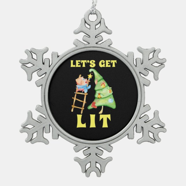 Let's Get Lit Funny Christmas Drinking Classic Snowflake Pewter Christmas Ornament (Front)