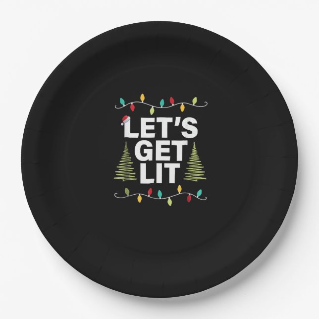 Let's Get Lit Funny Christmas Drinking Lights Paper Plate (Front)