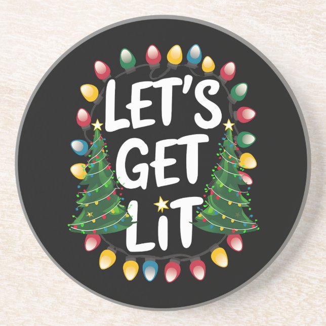Let's Get Lit Funny Christmas Drinking Xmas Lights Coaster (Front)