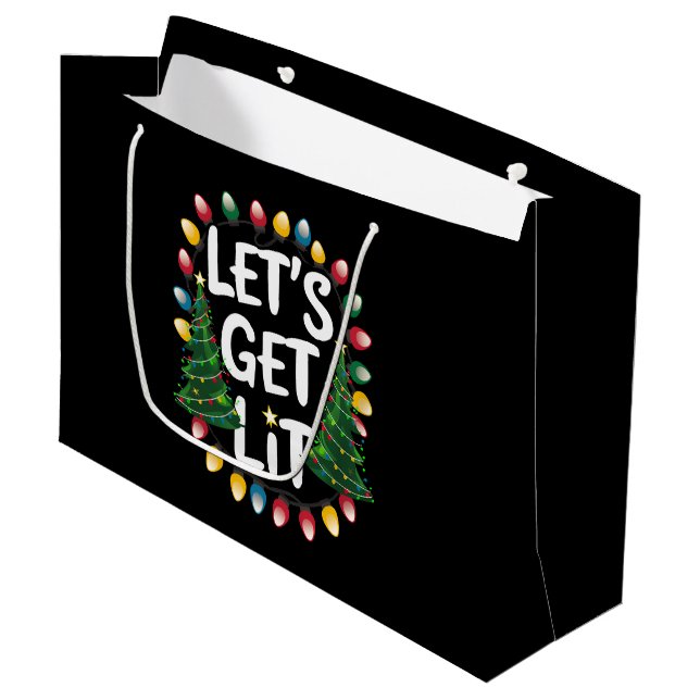 Let's Get Lit Funny Christmas Drinking Xmas Lights Large Gift Bag (Front Angled)