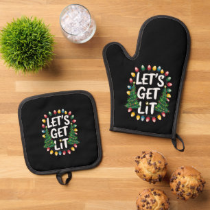 Let's Get Lit Funny Christmas Drinking Xmas Lights Oven Mitt & Pot Holder Set