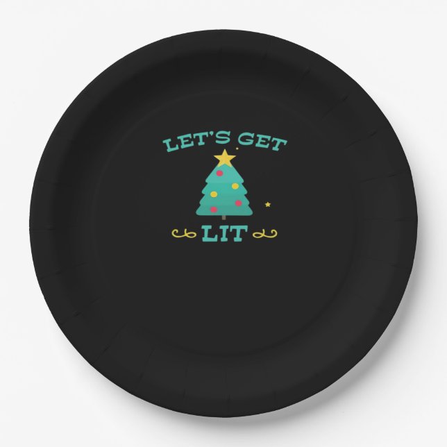Let's Get Lit Funny Drunk Drinking Christmas Tree  Paper Plate (Front)