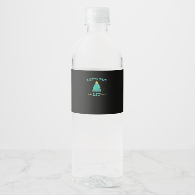 Let's Get Lit Funny Drunk Drinking Christmas Tree  Water Bottle Label (Front)