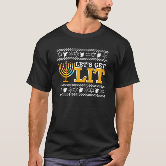 Lets Get Lit Funny Menorah  Ugly Hanukkah Sweater (Front)