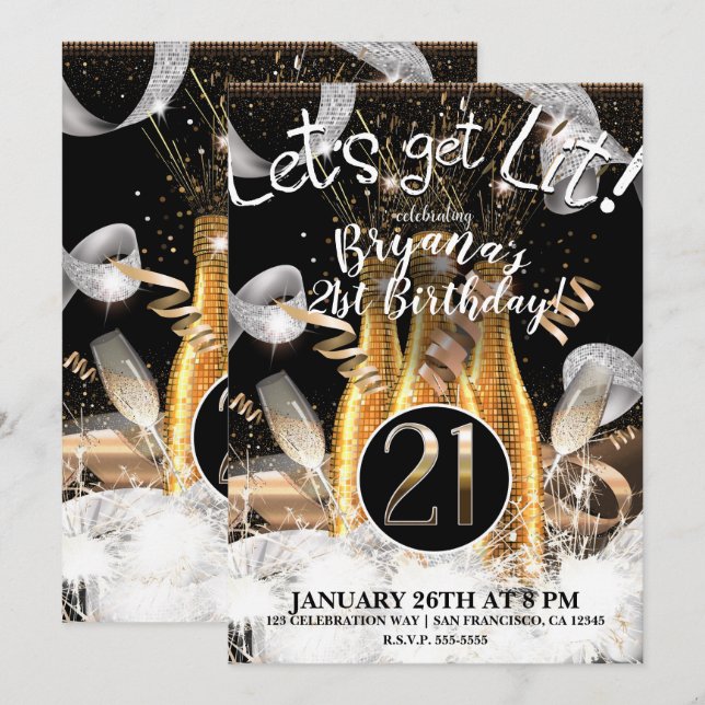 Let's Get Lit Gold Champagne Bottles 21st 21 Party Invitation (Front/Back)