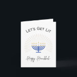 Lets’ Get Lit - Happy Hanukkah - Pun Card<br><div class="desc">A perfect way to connect with people this holiday season and wish them a Happy Hanukkah. This “Lets’ Get Lit - Happy Hanukkah” card features a shiny blue and gold menorah. This punny card is about celebrating the season with some laughter. Blank inside for your personal message.</div>