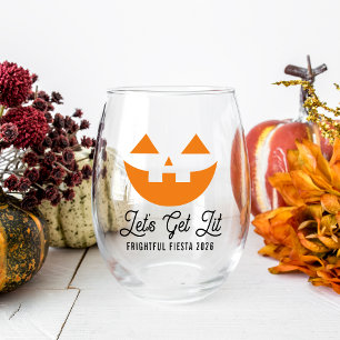 Let's Get Lit Jack O'Lantern Halloween Party Stemless Wine Glass